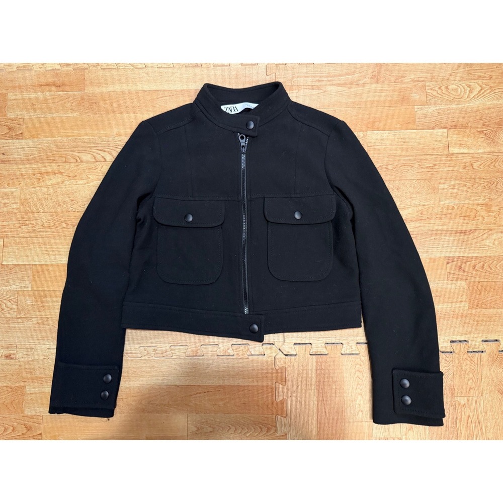 Zara Black Military Utility Jacket Cropped Mock Neck Snap Pocket Small